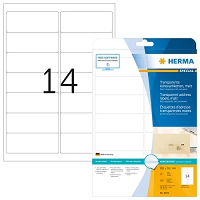 Obrázek HERMA 8671 fóliové etikety odolné proti povětrnostním vlivům, transparentní, 25 listů, 99,1 x 38,1 mm, 14 na arch A4, 350 kusů, samolepicí, potisknutelné, matné, prázdné samolepicí etikety, nálepky z