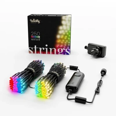 Obrázek Twinkly Strings 250 LED RGB+ bílý, světelný řetěz, chytré pro vnitřní a venkovní použití, kompatibilní s Alexa Google Home, IP44, vánoční dekorace, ovládání pomocí aplikace, černý kabel, 20