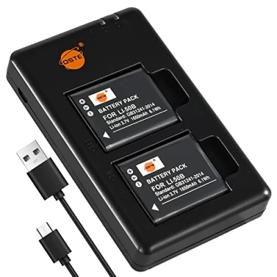 Obrázek DSTE 2PCS LI 50B(1650mAh/3. 7V) baterie + Dual USB nabíječka kompatibilní pro Olympus Stylus 9000,9010,SP 800UZ,SP 810UZ, SZ 15, 20, 30MR,SP 720UZ,iHS 16, PENTAX LiD 9220 ,DB 100,0 kamera