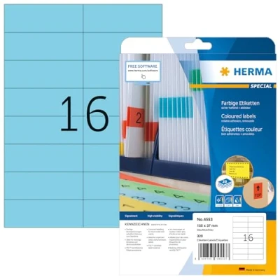 Obrázek HERMA 4553 barevné etikety modře odstranitelné, 20 listů, 105 x 37 mm, 16 na arch A4, 320 kusů, samolepicí, potištěné, matné, prázdné papírové štítky