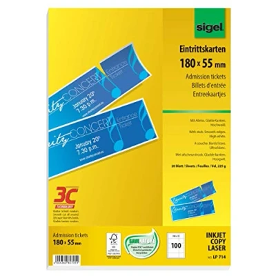 Obrázek SIGEL LP714 vstupenky pro vlastní tisk, 180 x 55 mm, 100 kusů (20 listů), s odtrháváním