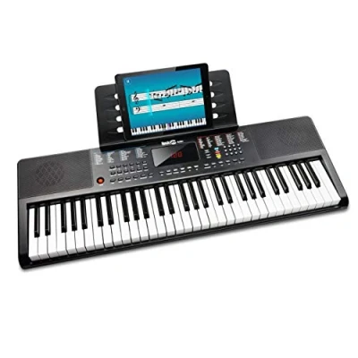 Obrázek RockJam Compact 61 Key Keyboard with Sheet Music Stand, Power Supply, Piano Note Stickers &amp; Simply Lessons, Schwarz