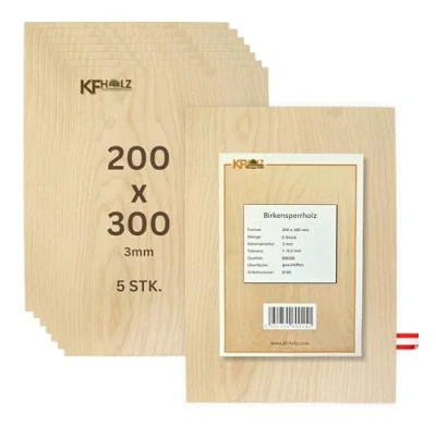 Obrázek KF Holz 5 překližkových desek bříza (20x:30 cm, 3 mm) vysoce kvalitní multiplex desky pro kutilské práce, dřevěné polotovary, modelářství