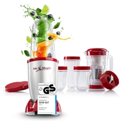 Obrázek GOURMETmaxx 3186 1 Mixér Mr. Magic Ideální pro lahůdky a koktejly 18 kusů 8 funkcí 400 wattů Stříbrno červený