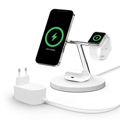 Obrázek Belkin BoostCharge Pro drahtloses 3 in 1 Ladegerät mit MagSafe für iPhone 16, 15, 14, 13 + Apple Watch AirPods (Magsafe Ladestation lädt 14 Modelle magnetisch bis zu 15 W auf) Weiß