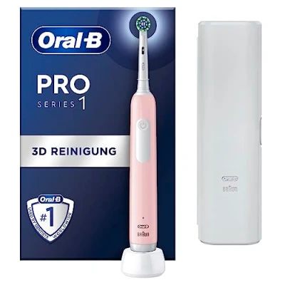 Obrázek Oral B elektrický zubní kartáček pro Series 1, kartáček, 1 nasazovací 3 režimy čištění a tlakový senzor péči o zuby, cestovní pouzdro, Designed by Braun, růžový