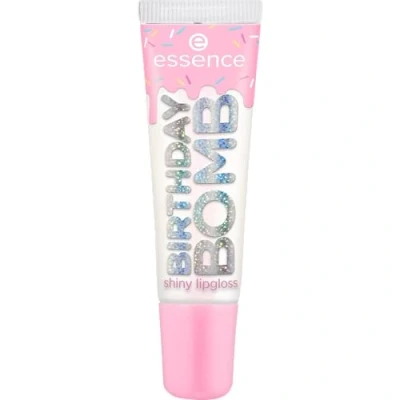 Obrázek essence BIRTHDAY BOMB shiny lesk na rty, č. 01, transparentní, přírodní, lesklý, zářivě svěží, třpytivý, veganský, bez parabenů, mikroplastů, nano částice, 1 balení (10 ml)