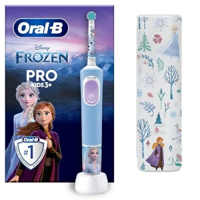 Obrázek Oral B elektrický zubní kartáček pro Kids Frozen / kartáček, děti od 3 let, vč. režimu Sensitiv+ péči o zuby, extra měkké štětiny, 1 nasazovací cestovní pouzdro, 4 nálepky,