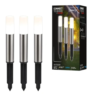 Obrázek BRILONER Connect to Shine 12V zahradní systém sada 3 ks LED sloupové svítidlo s kolíkem do země, rozšiřující sada, IP44, teplé bílé světlo, osvětlení, osvětlení cest, 36,5 x 4 cm, stříbrná