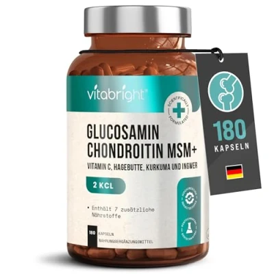 Obrázek glukosamin chondroitin vysoká dávka 2127 mg, 180 kapslí glukosaminu, MSM kurkuma zázvor šípka, kloubové kapsle vysoké dávky, práškové kapsle, VitaBright