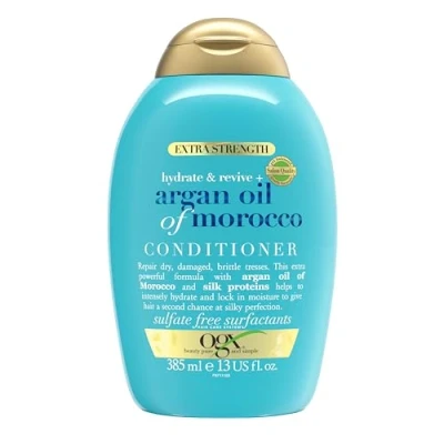 Obrázek OGX Hydrate &amp; Revive Argan Oil of Morocco Conditioner (385 ml), hydratační kondicionér s marockým arganovým olejem a hedvábnými proteiny, péče o vlasy bez tenzidů obsahujících sírany