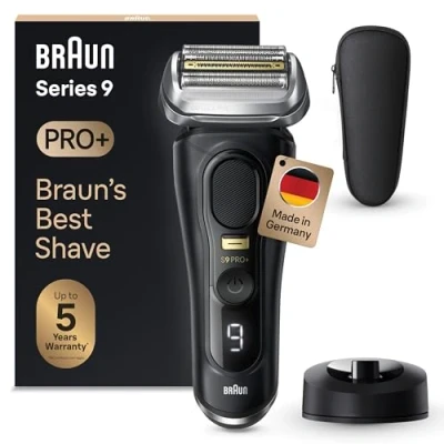 Obrázek Braun Pánský elektrický holicí strojek Series 9 Pro+, s 5 Pro prvky, zastřihovač dlouhých vlasů ProTrimmer, nabíjecí stanice, doba provozu 60 min, na sucho i sucho,