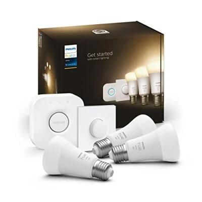 Obrázek Philips Hue White E27 3er Starter Set vč. Smart Button a Bridge, 3 x 1055 lm, teplé bílé světlo, stmívatelné, regulovatelné pomocí aplikace, kompatibilní s Amazon Alexa (Echo, Echo Dot)