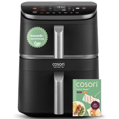 Obrázek COSORI horkovzdušná fritéza Turbo Tower Pro, 2 komory, 10,8 l Double Stack s DualBlaze, keramický povrch, ne teflonovou vrstvou, stříbrno černá