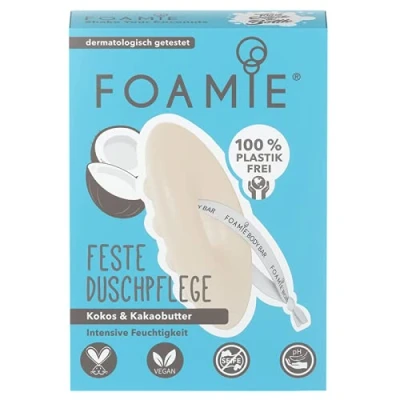 Obrázek Foamie Pevný sprchový gel s kokosem a kakaovým máslem ekologický test Velmi dobrý, péče o sprchu Intenzivní vlhkost masážním efektem, pevná sprcha 100% veganské, bez plastů, 80 g