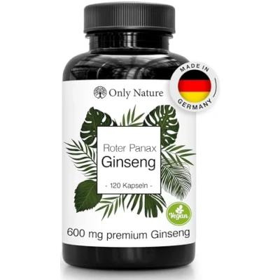 Obrázek Only Nature® Ženšen 600 mg extra vysoká dávka (120 žensenosidu) 120 kapslí 100% vegan vyrobeno v Německu a laboratorně testováno červený panax ženšen