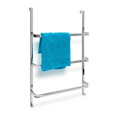 Obrázek Relaxdays Držák na ručníky s 3 držáky VxŠxH: 85 x 54 11,5 cm pro všechny běžné dveře bez vrtání z nerezové oceli 2 háčky do koupelny a kuchyně, stříbro
