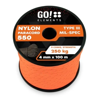 Obrázek GO!elements 100 m Paracord lano z nylonové šňůry odolné proti přetržení 4 mm 550 Typ III šňůra univerzální a reepová max. 250 kg, Barva: Oranžově reflexní