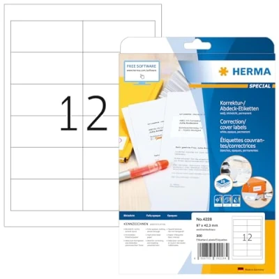 Obrázek HERMA 4228 korekční štítky neprůhledné, 25 listů, 97 x 42,3 mm, 12 archů A4, 300 kusů, samolepicí, potištěné, matné, prázdné papírové krycí nálepky, bílé