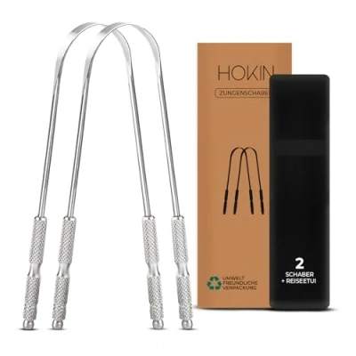 Obrázek HOKIN Zungenschaber für Erwachsene Zungenreiniger Edelstahl Mundgeruch Bekämpfen 100% Metall Tongue Scraper Cleaner Männer und Frauen Zungenbürste Mundhygiene Produkt (2Pcs Mundpflege Pack)