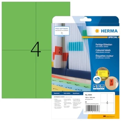 Obrázek HERMA 4564 barevných etiket zeleně odstranitelných, 20 listů, 105 x 148 mm, 4 na arch A4, 80 kusů, samolepicí, potisknutelné, matné, prázdné papírové barevné etikety nálepky