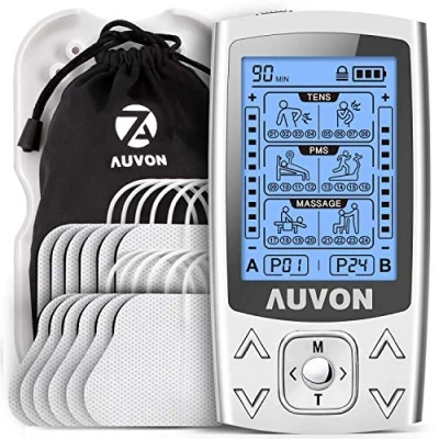Obrázek AUVON Zařízení TENS, 2 kanály a 24 režimů 3 v 1 přístroj dráždivého proudu s 12 kusy 2&quot;x2&quot; TENS elektrody patentovaným designem pro zmírnění bolesti růst svalů na zádech, ramenou atd.