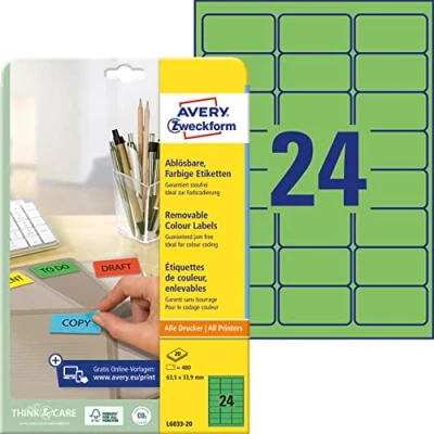 Obrázek AVERY Zweckform L6033 20 Zelené etikety (480 nálepek, 63,5 x 33,9 mm na A4, opět beze zbytku odstranitelné, samolepicí barevné etikety, papír matný, potiskovatelné, lepicí etikety) listů
