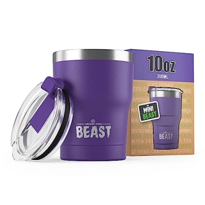 Obrázek Termopohárek Beast 300 ml (10 oz) tmavě fialový I opakovaně použitelný termohrnek na kávu to Go dvouplášťový pohárek pití z ušlechtilé oceli Perfektní nebo ledovou