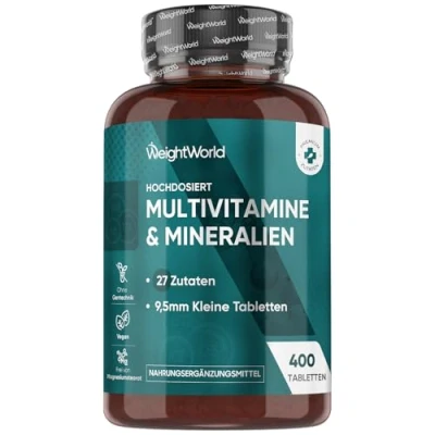 Obrázek Multivitamínové tablety 400 veganských kusů s 27 vitamíny a minerály až Z imunitní systém, energie metabolismus (EFSA) doplněk stravy pro ženy muže od WeightWorld