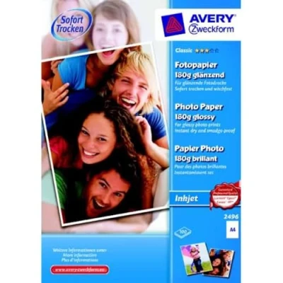 Obrázek Avery Zweckform Art. 2496 Everyday Inkjet fotopapír (100 listů, 180 g/m², DIN A4, lesklé fotokarty, jednostranně povrstvené, okamžitě suchý a odolný proti rozmazání, foto listy pro inkoustové