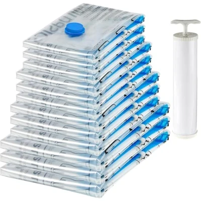 Obrázek Amazon Basics Vakuové pytle na oblečení se vzduchotěsným ventilem a ruční pumpičkou více, 3x jumbo, velké, středně malé, 12dílné balení, zip, průhledný