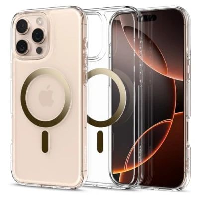 Obrázek Spigen Pro iPhone 16 pouzdro [Anti Yellowing] Ultra Hybrid MagFit Case obal na mobil průhledný tenký kompatibilní s MagSafe Gold