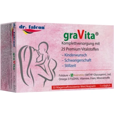 Obrázek dr. falcon GraVita 25 živin pro přání dětí, těhotenství a kojení 30 kapslí obsahuje kyselinu listovou, quatrefolic, omega 3, DHA, vitamin D3 + K2, jód, železo, selen