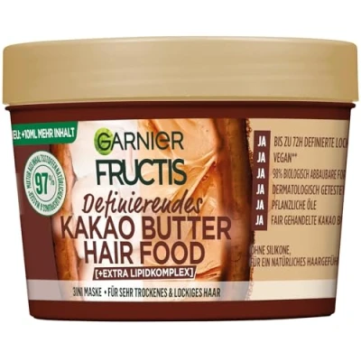 Obrázek Garnier Fructis definující maska na vlasy s kakaovým máslem, Leave In pro suché a kudrnaté vlasy, pevné, hebké se slunečnicovým olejem, jojobovým kokosovým Hairfood, 3 v 1,