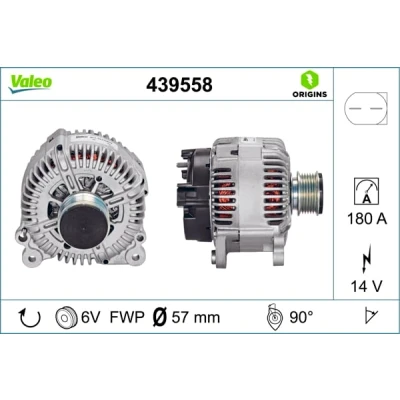Obrázek VALEO 439558 Generator Ladestrom des Generators: 180 Amp Rippen: 6 rippen Riemenscheibe Ø: 57,2 mm Spannung: 14 V Drehrichtung: CLOCKWISE