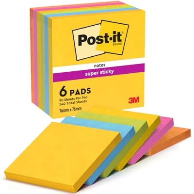 Obrázek Post it Super Sticky Notes Carnival Collection, balení se 6 bloky, 90 listů na blok, 76 x mm, žlutá, modrá, zelená, růžová extra silně lepicí poznámkový blok pro seznamy úkolů a vzpomínky