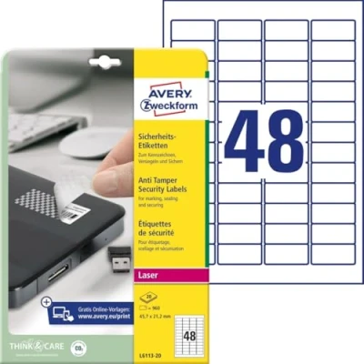Obrázek Avery L6113 20 bezpečnostní etikety k zapečetění 48 listů 45,7 x 21,2 mm 960 etiket