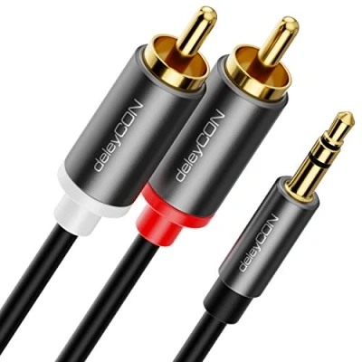 Obrázek deleyCON 5m jack na cinch RCA kabel 3,5 mm audio měnič mobilní telefon a smartphone k HiFi přijímači AUX konektor (extra tenký flexibilní)