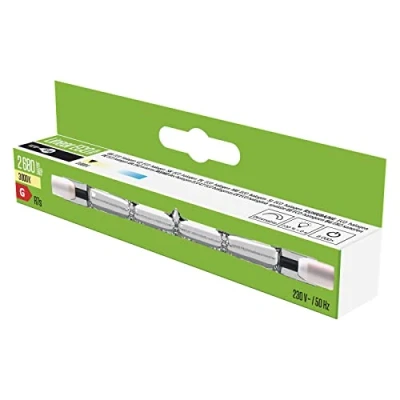 Obrázek EMOS ECO halogenová tyč 118 mm pro patici R7s, 11,8 x 1 cm stmívatelná trubice 140 W, teplá bílá 3000 K, jas 2680 lm, životnost 4000 h, 230 V, sklo, transparentní, CRI 99, ZE0203