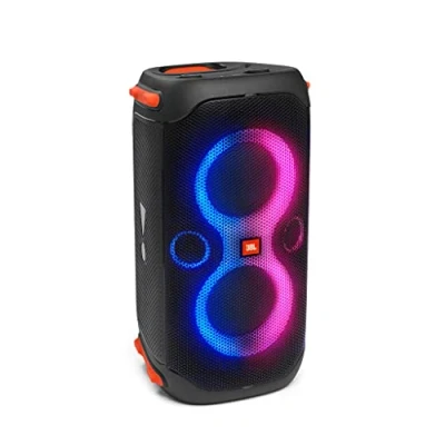 Obrázek JBL PartyBox 110 v černé barvě přenosný a pojízdný Bluetooth party reproduktor se světelnými efekty chráněný proti stříkající vodě, mobilní hudební box s baterií
