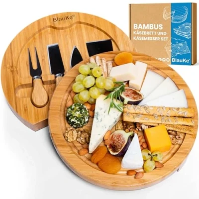 Obrázek Bambusová deska na sýr s nožem 25 cm kulatý Servírovací talíř ze dřeva a jednohubky Cheese Board Charcuterie Otočná prkénko otočný