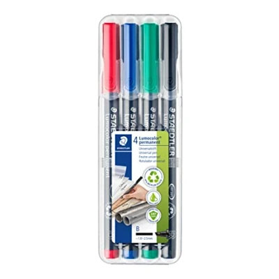 Obrázek STAEDTLER permanentní popisovač Lumocolor, klínový hrot cca 1,0 2,5 mm, odolný proti rozmazání a vodě, Made in Germany, doplňovací, dlouhá životnost, 4 univerzální tužky v různých barvách, 314 WP4