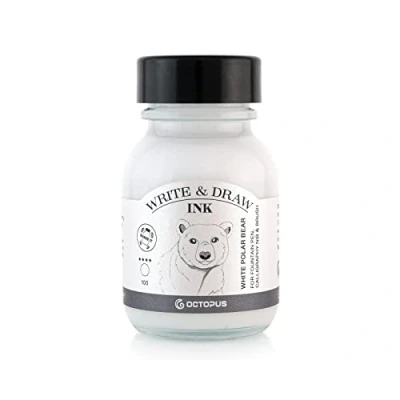 Obrázek Octopus Write and Draw Ink 100 White Polar Bear, voděodolný inkoust pro psaní a kreslení, kaligrafický inkoust, stálý tuš na kreslení plnicí pero, bílá, 50 ml