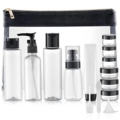 Obrázek Toureal 15 kusů prázdných cestovních lahví (Max. 100 ml) kožené cestovní nádoby pro cestování, na kosmetiku do letadla (transparentní), černá