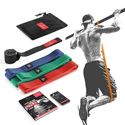 Obrázek Látka Textil Fitness pás: Pull Up Resistance Band + Training eBook DAS Latex posilovací pás pomůcka na shyby gymnastický Loop Sport Stretching tréninkový sportovní
