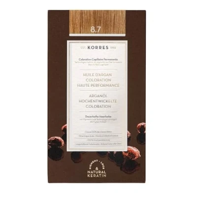 Obrázek KORRES Argan Oil Colorant barva na vlasy bez amoniaku Toffee 8. 7 100% zakrytí šedých vlasů a veganská pro dlouhotrvající barevný výsledek