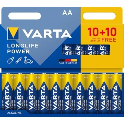 Obrázek VARTA Baterie AA, 20 kusů, Longlife Power, alkalické, 1,5 V, ideální pro hračky, rádiová myš, kapesní svítilny, balení bez plastů, Made in Germany
