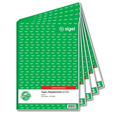 Obrázek SIGEL SD030/5 denní zpráva / Režisérní A4, 2 x 40 listů, samopropisující, balení 5 kusů, mikroperforované, se záložkovým otvorem, z udržitelného papíru