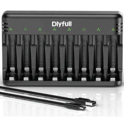 Obrázek Dlyfull nabíječka baterií AAA AA, 8násobná pro NI MH/NI CD Mignon AA A Micro s LED displejem, 5 V/2 USB C rychlá dobíjecí baterie (černá)