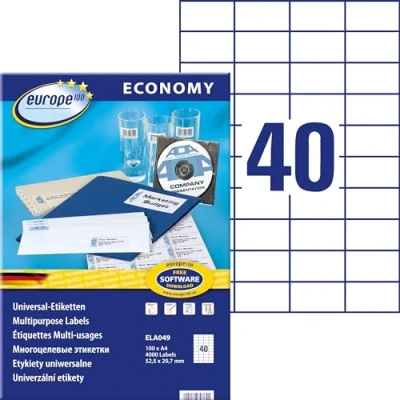 Obrázek europe100 ELA049 univerzální etikety (4. 000 lepicích štítků, formát 52,5 x 29,7 mm na DIN A4, samolepicí etikety, potisknutelné nálepky, 3651) 100 listů, bílé